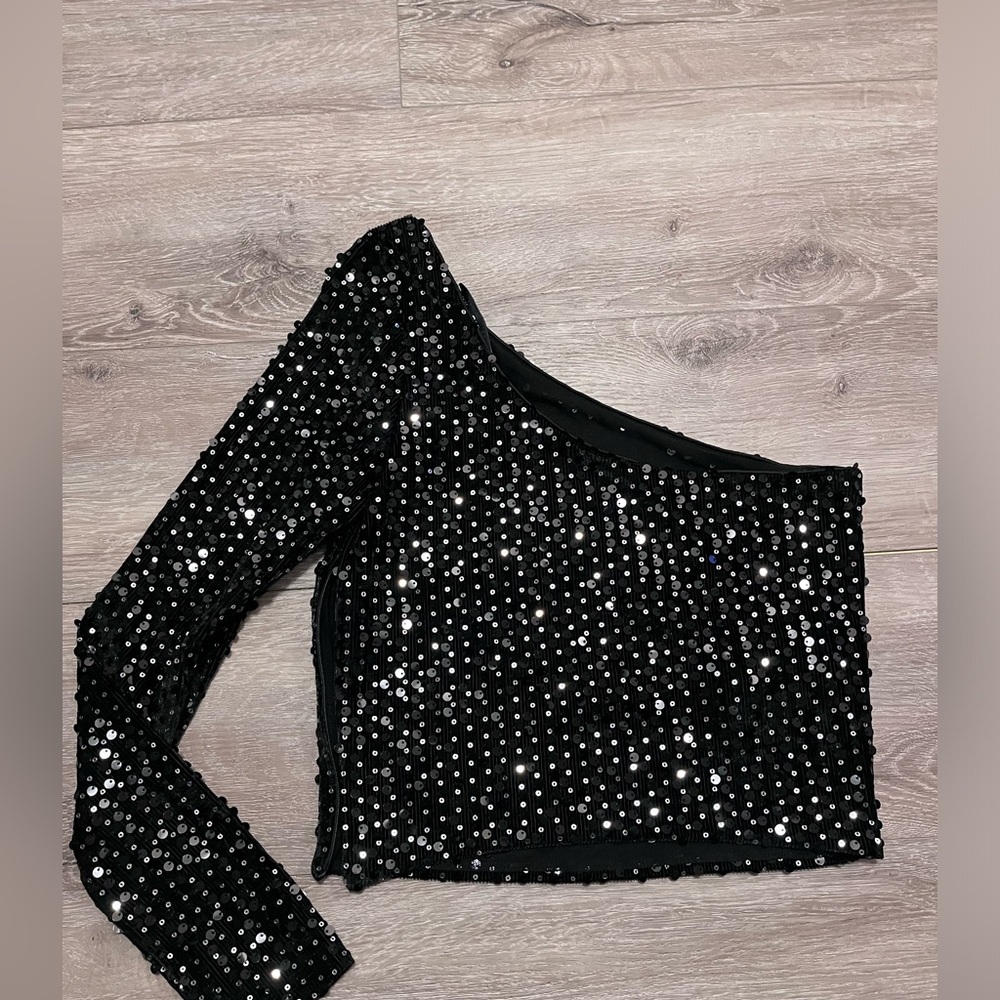 Mango Black Sequin One-Shoulder Crop Top